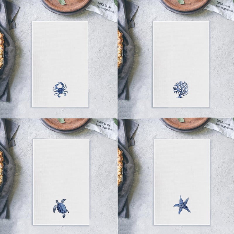 Qpenm Coastal Kitchen Towels - Set of 4 - Decorative Dish and Hand Towels, 16x24 Inches - Watercolor Crab Coral Sea Turtle Starfish Design - Image 4