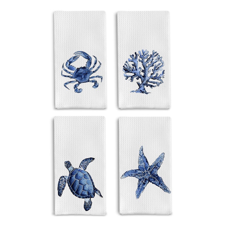 Qpenm Coastal Kitchen Towels - Set of 4 - Decorative Dish and Hand Towels, 16x24 Inches - Watercolor Crab Coral Sea Turtle Starfish Design - Image 1