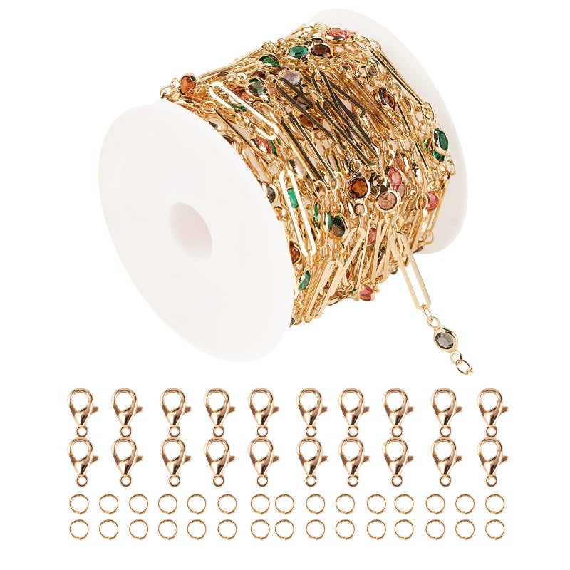 YOUBEIYEE 164 Feet Gold Plated Chains for Jewelry Making Multicolor Rhinestone Paperclip Chain Links Bracelets Necklace Anklet Chain Bulk with Jump Rings Lobster Clasps