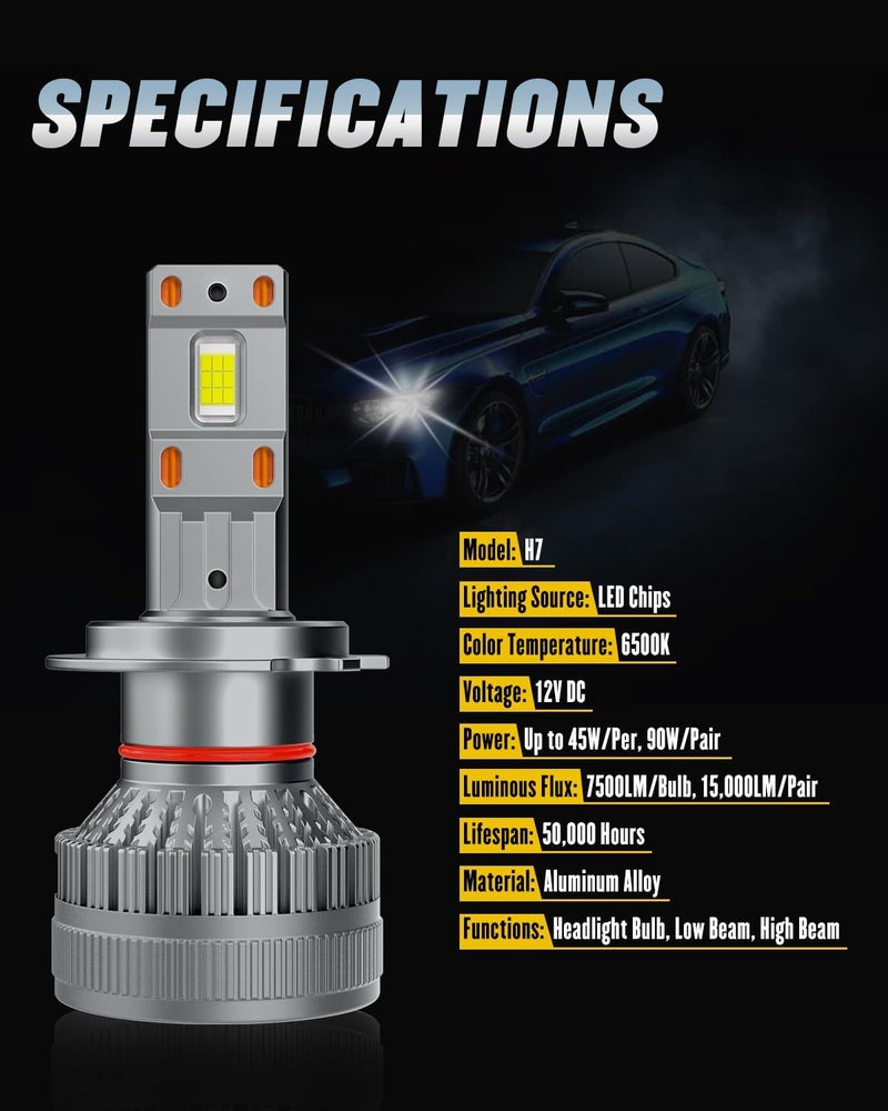 DZG H7 LED Headlight Bulbs 6500K 45W Super Bright LED Bulb High Low Beam Halogen Replacement LED Headlights Conversion Kit, 2 Pack - Image 2