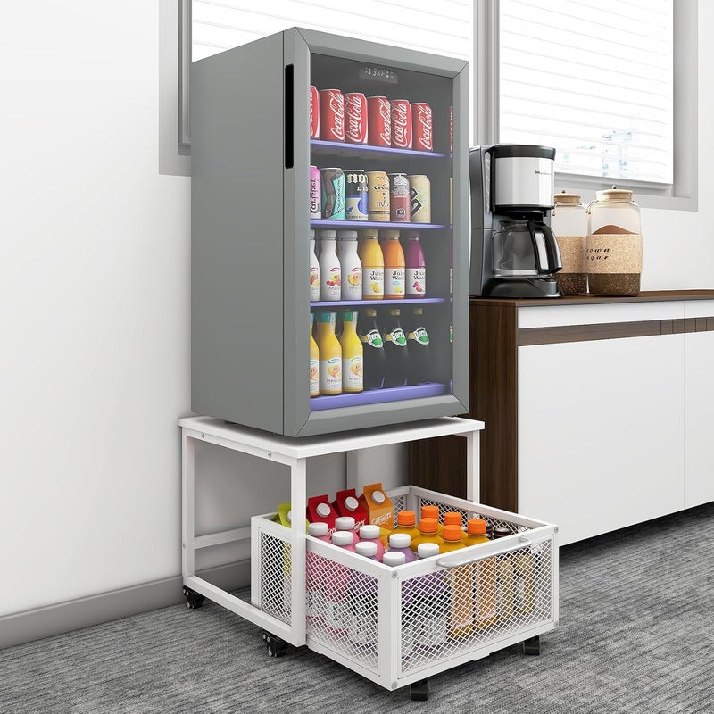 PUNCIA Fridge Stand with Storage and Wheels,Rolling Mini Fridge Table for Coffee，Portable Dorm Organizer Unit for Mini Refrigerator，Fridge Cart with Drawer Basket for Home Office ，Appliance Platform | Mobile Beverage Refrigerator Stand, Compact Refrigerator Organizer with Drawer & Rolling Basket for Home Office - Image 1
