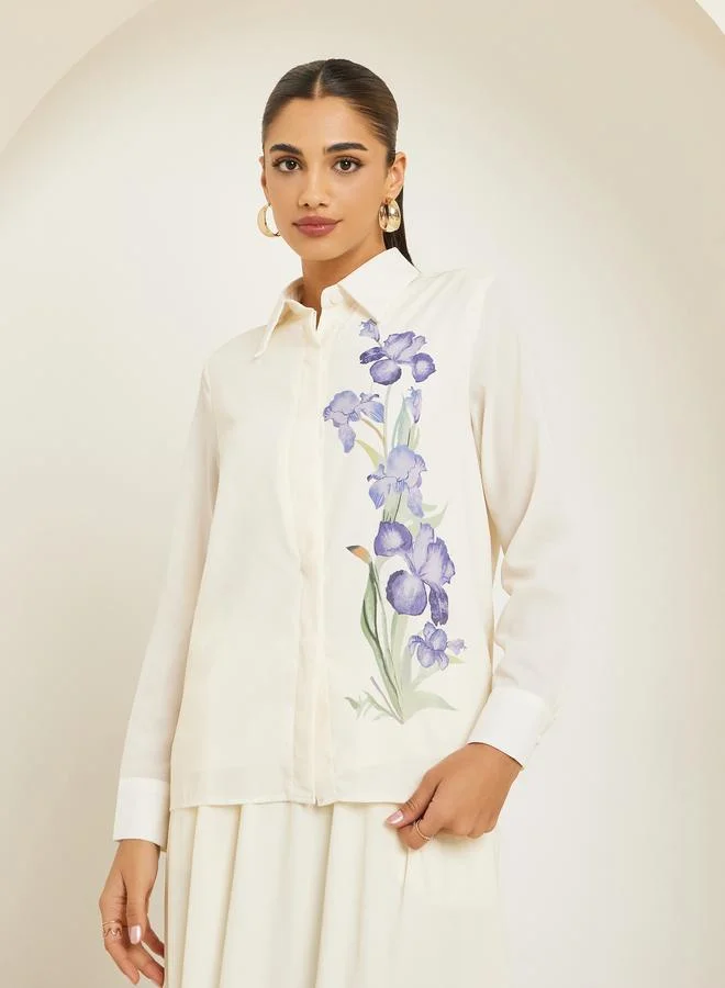 Styli Women Off White Floral Print Long Sleeve Shirt