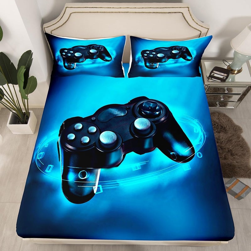 Gaming Bedding Set Kids Bed Sheet Set Twin Size Soft Microfiber Gamer Console Video Game Fitted Sheet Boys Teens Game Room Decor Bed Cover with 1 Pillow Case Flat Sheet not Included