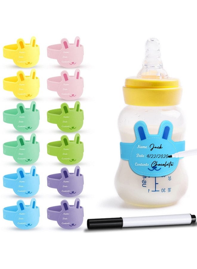 Eersida 12 Pcs Baby Bottle Labels for Daycare, Silicone Daycare Bottle Labels Day Care Essentials Reusable Waterproof Water Bottle Name Bands in Shape Design with Marker Pens, 6 Colors (Rabbit Style)  - Image 1
