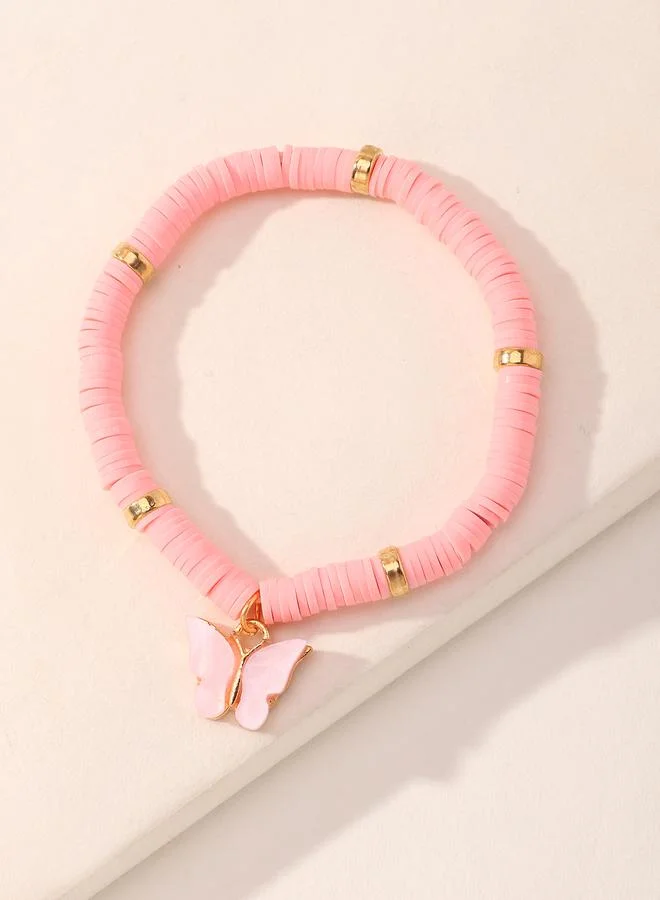 Take Two Girls Light Pink Butterfly Charm Beaded Bracelet