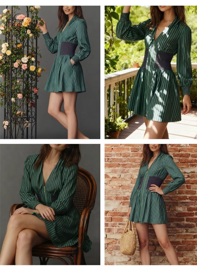 Meyhad Womens Long Sleeve Mini Dress V Neck Smocked Zipper Dress Casual A Line Short Dress with Pockets, Striped Green, M - Image 5