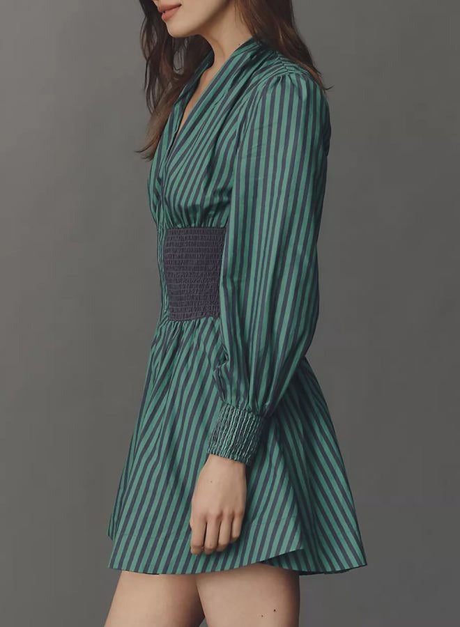 Meyhad Womens Long Sleeve Mini Dress V Neck Smocked Zipper Dress Casual A Line Short Dress with Pockets, Striped Green, M - Image 3