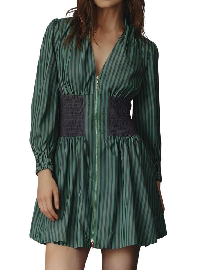 Meyhad Womens Long Sleeve Mini Dress V Neck Smocked Zipper Dress Casual A Line Short Dress with Pockets, Striped Green, M - Image 1