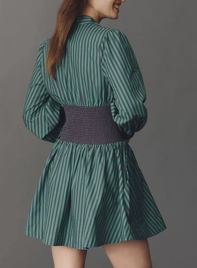 Meyhad Womens Long Sleeve Mini Dress V Neck Smocked Zipper Dress Casual A Line Short Dress with Pockets, Striped Green, M - Image 4