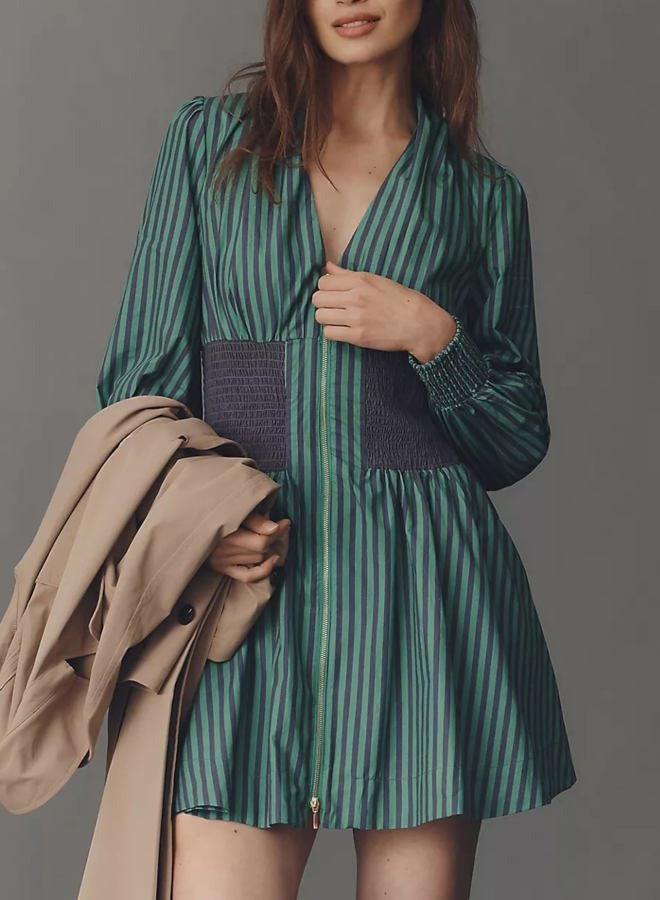Meyhad Womens Long Sleeve Mini Dress V Neck Smocked Zipper Dress Casual A Line Short Dress with Pockets, Striped Green, M - Image 2