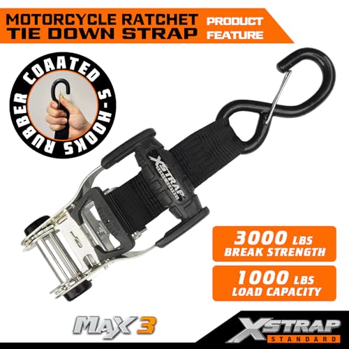 XSTRAP STANDARD 2 Pack 1.5" x 6' Ratchet Tie Down Straps - 1000Lbs Load Cap, 3000Lb Break Strength, Soft Loops & Safety Clip Hooks for Motorcycle, ATV, Kayak, Black - Image 5