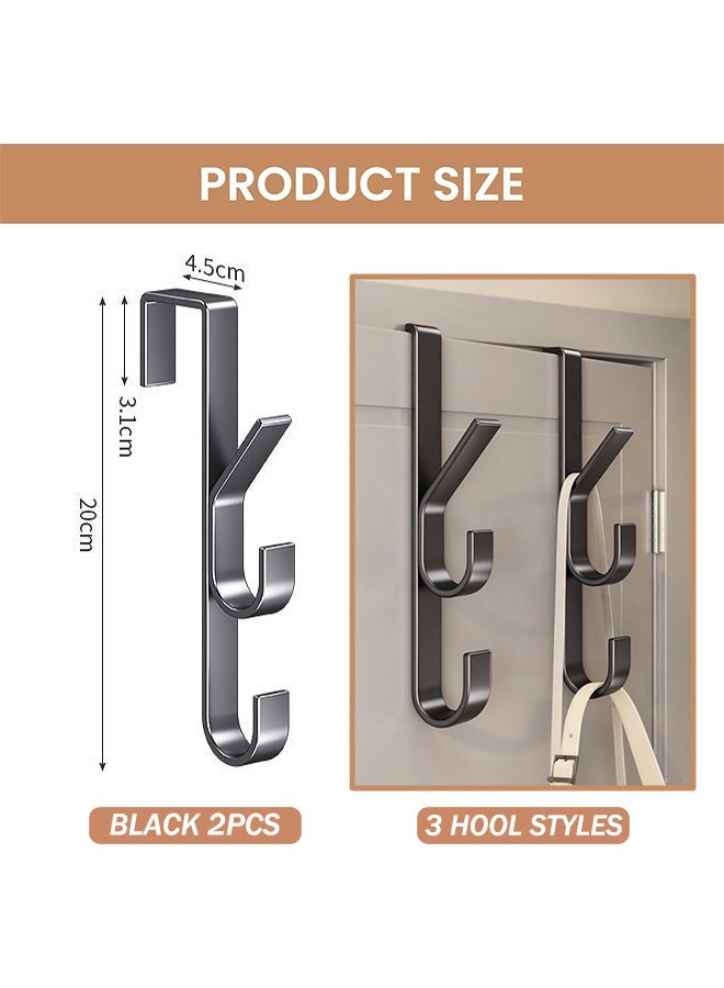 قطعتان من خطافات تعليق المناشف على الباب للحمام، و3 خطافات لتعليق المناشف على الباب لغرفة النوم والمطبخ، وتعليقات جدارية للخزانة والخزانة، مصنوعة من المعدن المصقول بالرمل، تناسب الأبواب بسمك 1-1.5 بوصة، باللون الأسود - Image 2