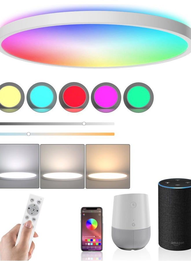 Coolle Ceiling Light LED Dimmable Flush Mount Flat RGB Smart Alexa Google Home WiFi with Remote Control for Living Room Bedroom Dinning Kitchen Hallway Bathroom 12Inch 24W White - Image 1