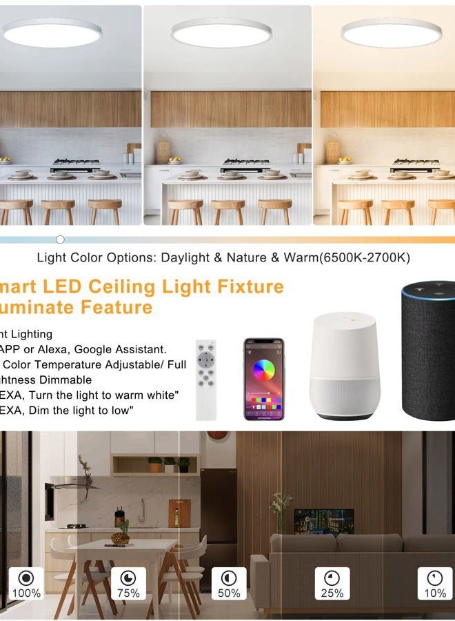 Coolle Ceiling Light LED Dimmable Flush Mount Flat RGB Smart Alexa Google Home WiFi with Remote Control for Living Room Bedroom Dinning Kitchen Hallway Bathroom 12Inch 24W White - Image 2