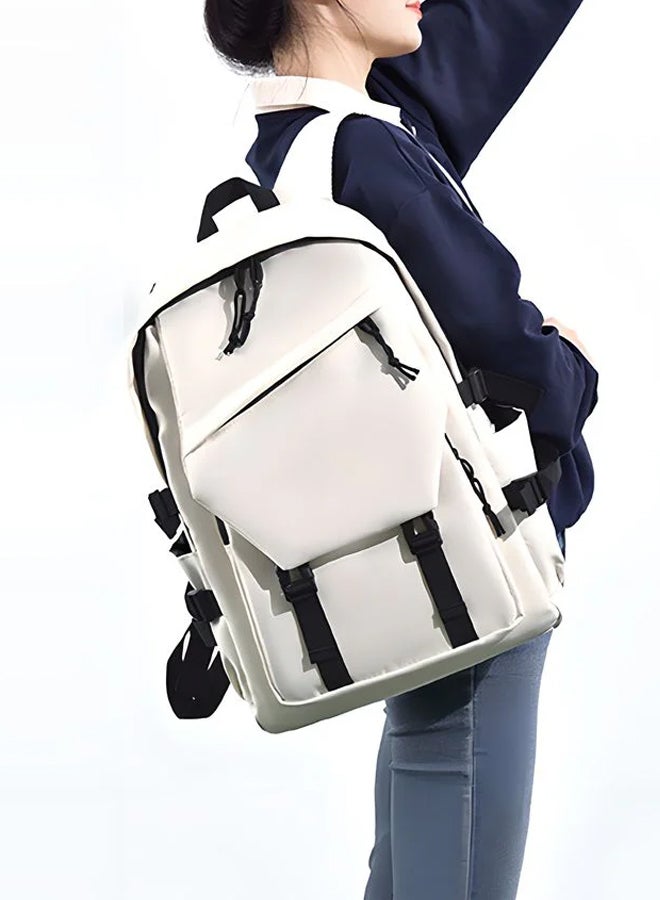 SHABILI Women Polyester Largeâ€‘Capacity Backpack School College Laptop Bag, Ladies Multiâ€‘Pocket Waterproof Back Bag with Ergonomic Straps Antiâ€‘Theft Pocket, Youth Teenager Daily Casual Travel Study Use (Beige) - Image 2