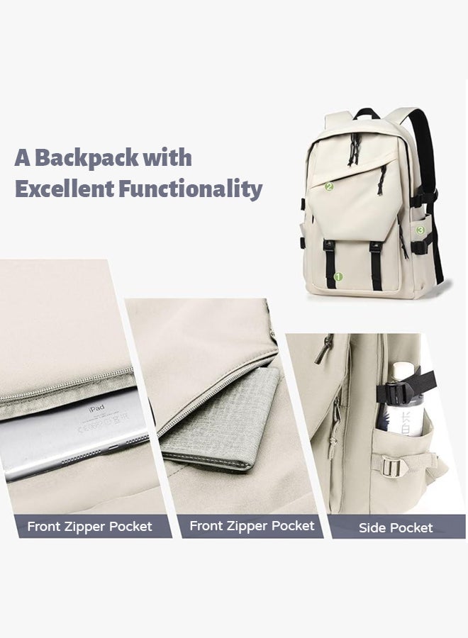 SHABILI Women Polyester Largeâ€‘Capacity Backpack School College Laptop Bag, Ladies Multiâ€‘Pocket Waterproof Back Bag with Ergonomic Straps Antiâ€‘Theft Pocket, Youth Teenager Daily Casual Travel Study Use (Beige) - Image 3