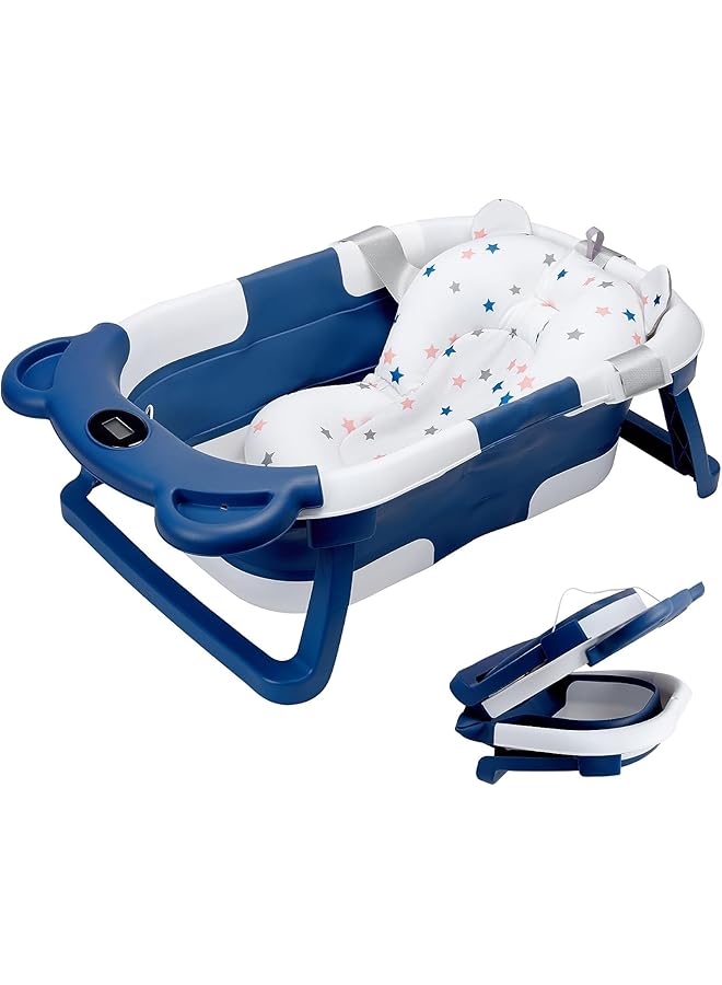 U-HOOME Collapsible Baby Bathtub With Soft Cushion&Thermometer Portable Travel Baby Bath Tub With Drain Hole Foldable Infant Bath Tub No Slip Durable Baby Bathtub Newborn To Toddler 0 36 Months (Blue) - Image 1