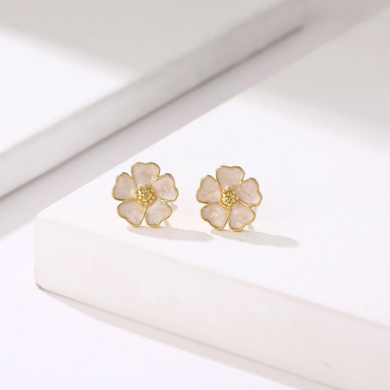 SERYNOW Cute Small White 5-Petal Flower Stud Earrings for Women, Unique Statement Flower Earring Lightweight Everyday Jewelry Gift - Image 3