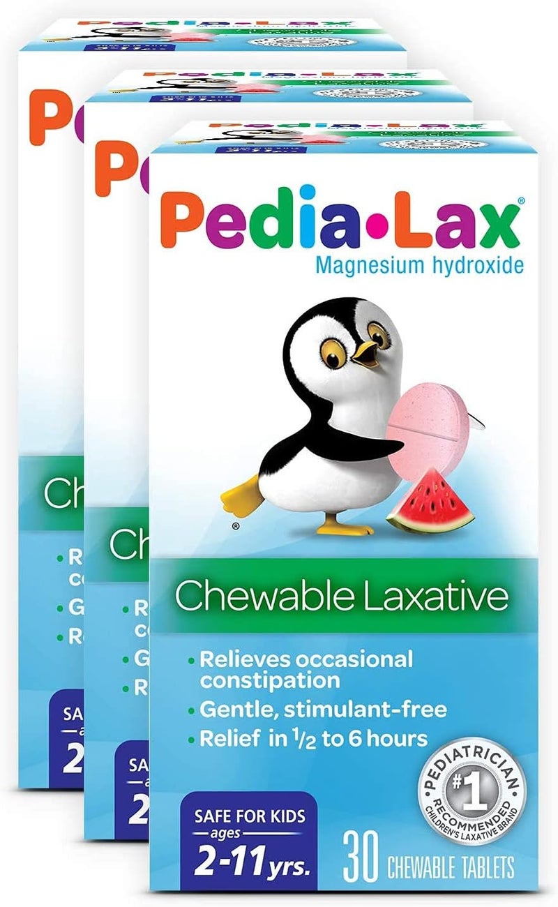 Pedia-Lax Laxative Chewable Tablets for Kids, Ages 2-11, Watermelon Flavor, 30 Count, Pack of 3