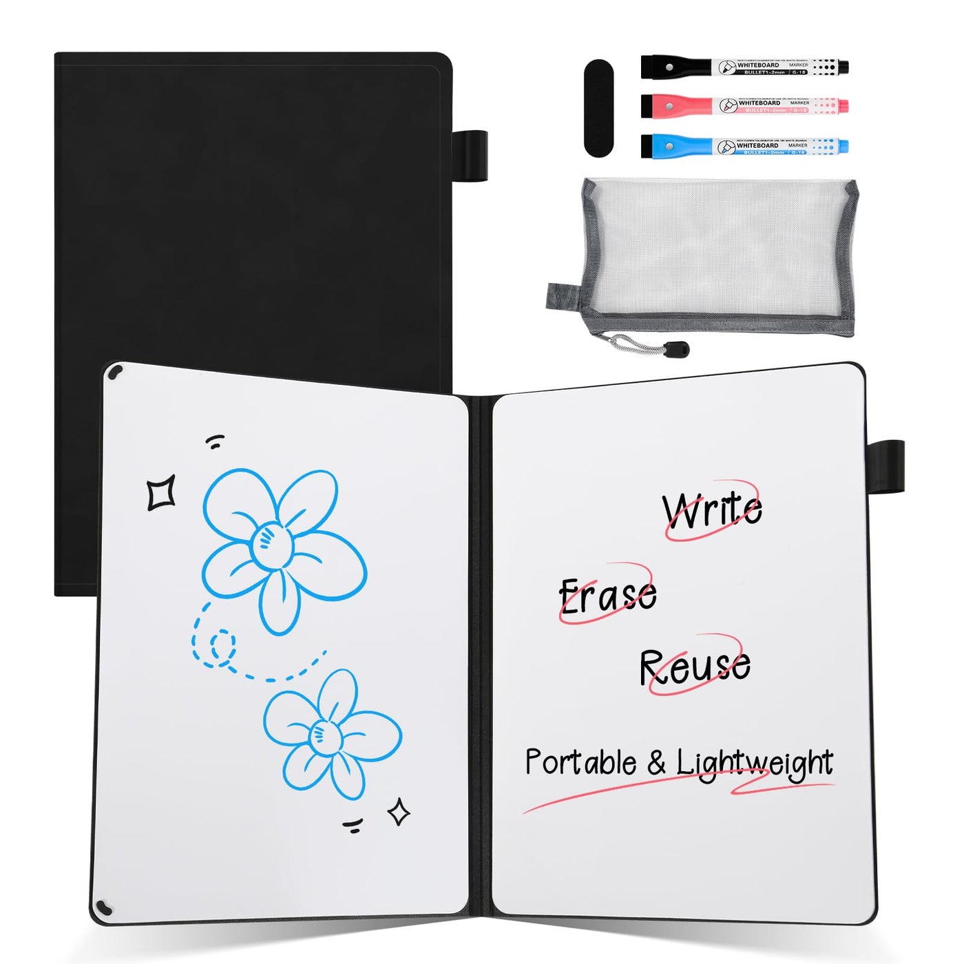 AGM A5 Mini Whiteboard, Portable Dry Erase Board with 3 Colored Markers, Eraser and Mesh Pouch, for Office, Study, Classroom, and Home Use-Black