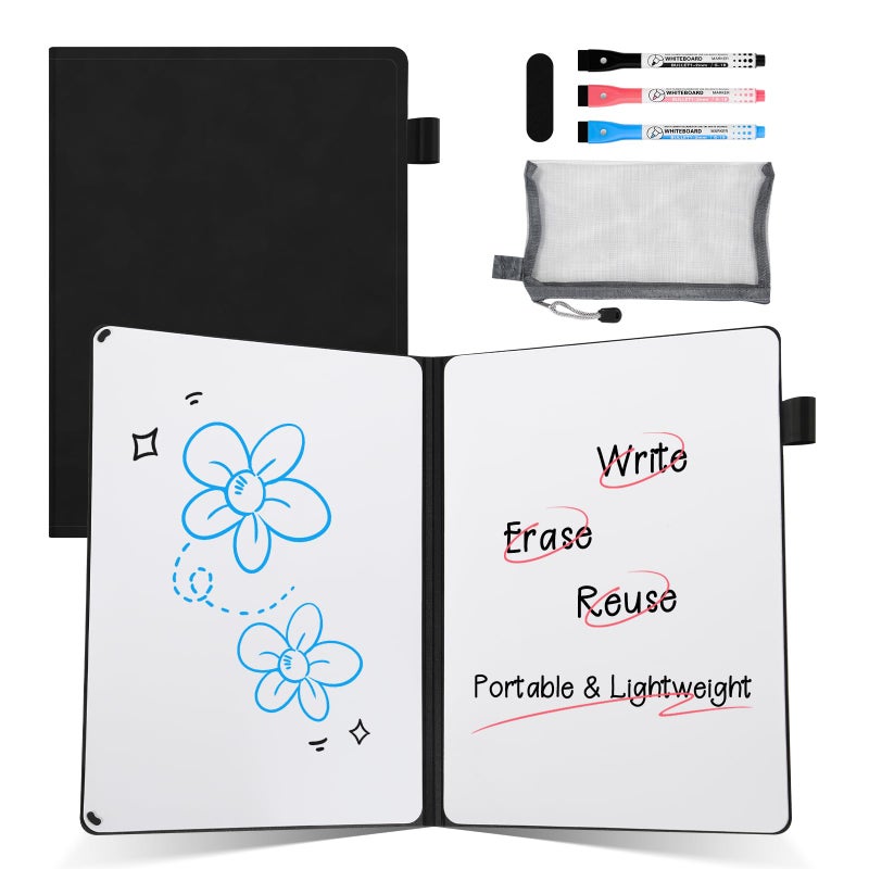 AGM A5 Mini Whiteboard, Portable Dry Erase Board with 3 Colored Markers, Eraser and Mesh Pouch, for Office, Study, Classroom, and Home Use-Black - Image 1