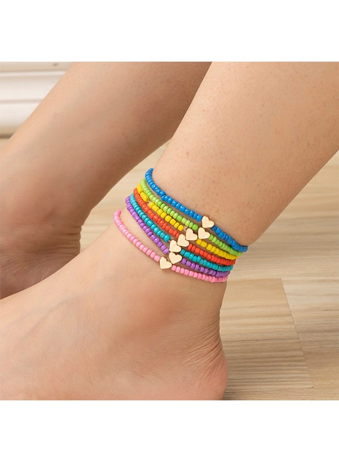 Bohemian Style Multicolor Glass Beads Heart Anklet 7pcs - Image 1