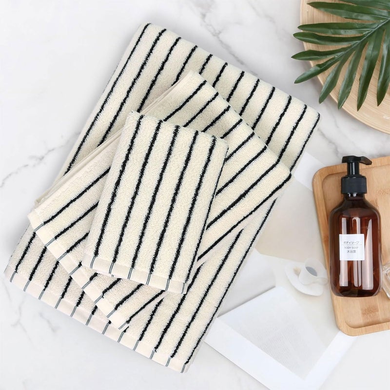 Jacquotha 8 Piece Black and White Towel Set, Super Soft & Absorbent Cotton Striped Towels for Bathroom Decor, 2 Bath, 2 Hand, 4 Washcloths - Image 3