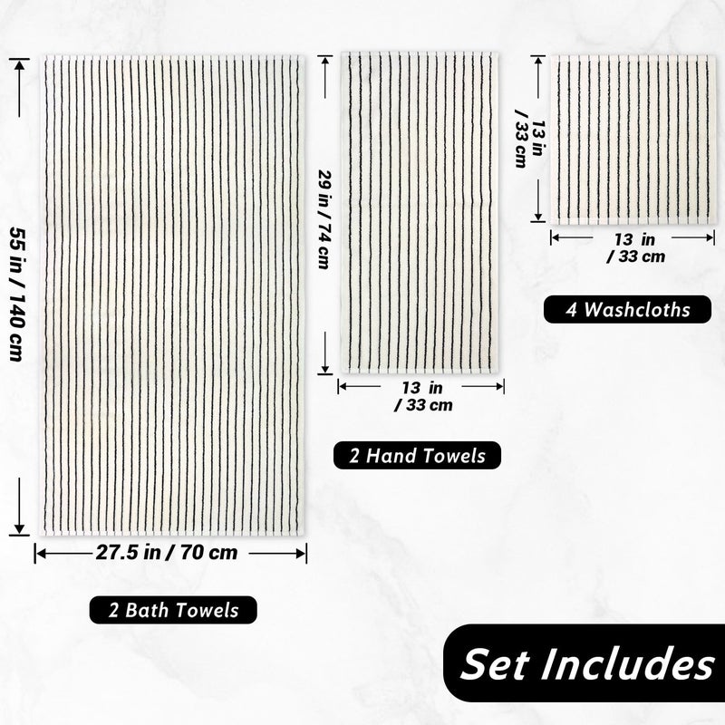 Jacquotha 8 Piece Black and White Towel Set, Super Soft & Absorbent Cotton Striped Towels for Bathroom Decor, 2 Bath, 2 Hand, 4 Washcloths - Image 4