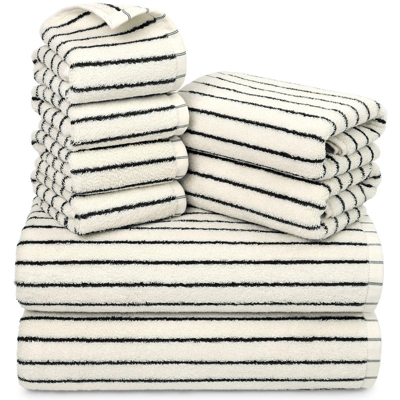 Jacquotha 8 Piece Black and White Towel Set, Super Soft & Absorbent Cotton Striped Towels for Bathroom Decor, 2 Bath, 2 Hand, 4 Washcloths - Image 1