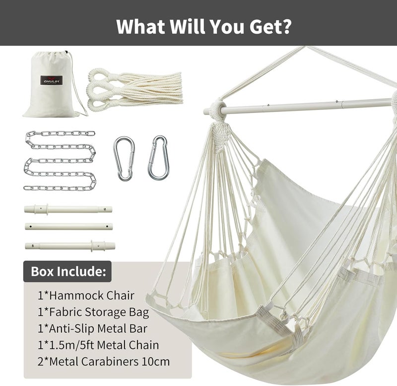 CHULIM Hanging Hammock Chair Swing MAX 500 lbs Outdoor Hanging Chair with Footrest Indoor Swing Chair with Portable Steel Spreader Bar and Hardware Kit for Bedroom Living Room Patio Porch - White - Image 5