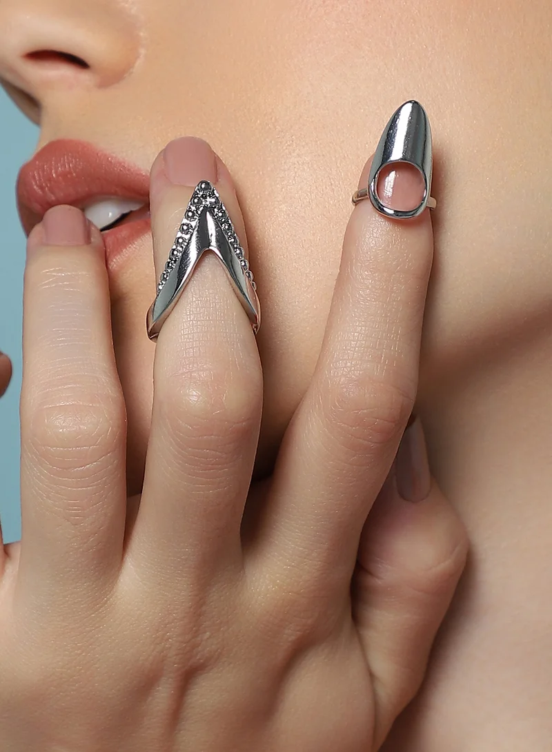 SOHI Women The Piercer Nail Ring Set | Metallic Silver Colour | Set Of 2 | One-Size | Artificial Stone Alloy Material | Adjustable Closure | Ring For Casual & Evening Wear