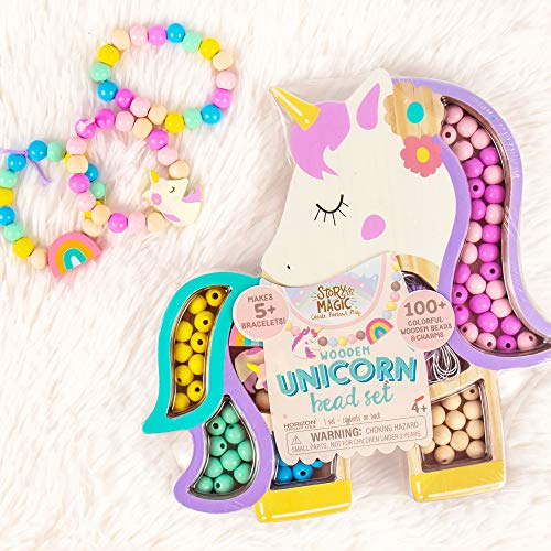 Story Magic Unicorn Bead Set by Horizon Group USA Create Your Own Magical Beaded Jewelry Includes Over 100 Natural Wooden Beads Large Hole 5 PreCut Elastic Cords with Shoelace Ends Storage Case - Image 1
