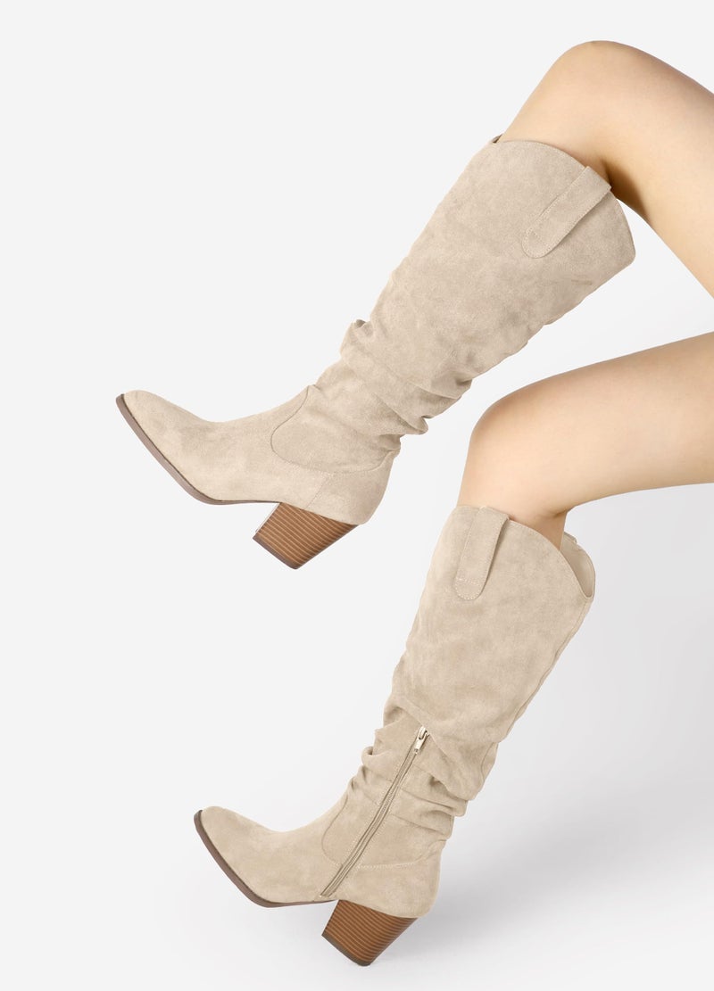 mysoft Women's Cowboy Knee-High Boots Pointed Toe Mid Chunky Heel Pull On Slouchy Boots with Zippers - Image 2