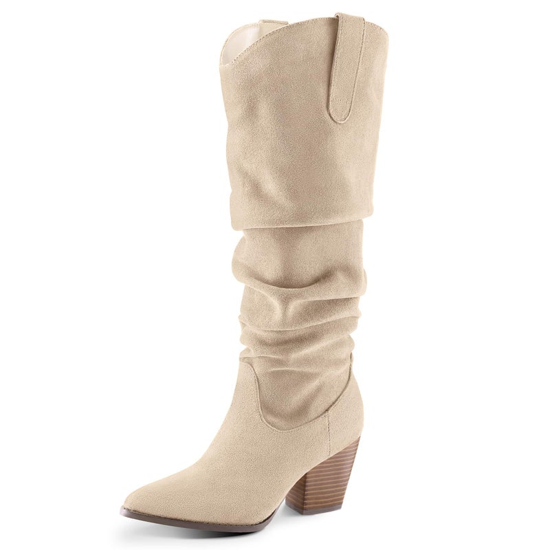 mysoft Women's Cowboy Knee-High Boots Pointed Toe Mid Chunky Heel Pull On Slouchy Boots with Zippers - Image 1
