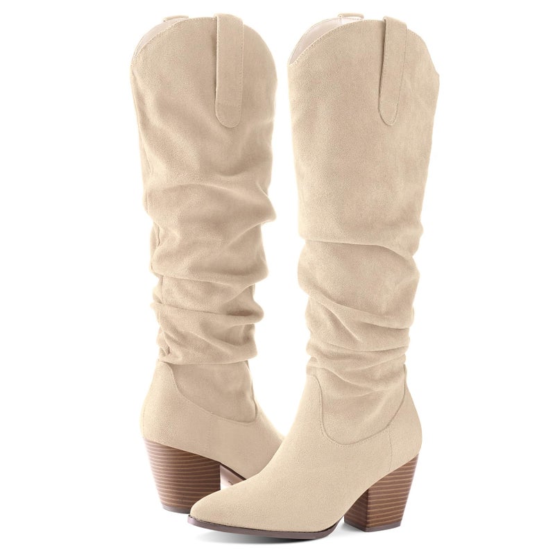 mysoft Women's Cowboy Knee-High Boots Pointed Toe Mid Chunky Heel Pull On Slouchy Boots with Zippers - Image 3