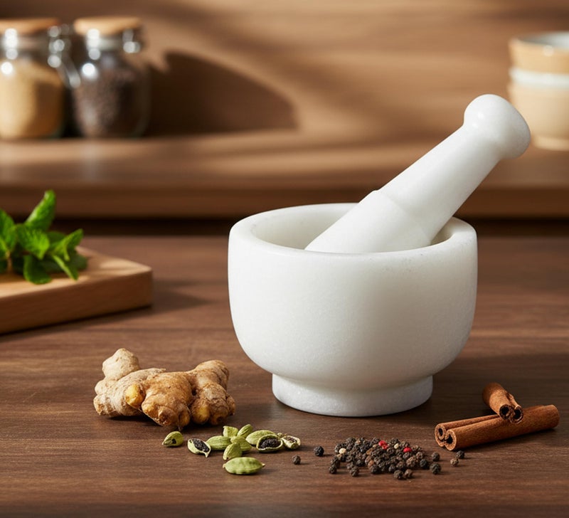 KLEO 5" Diameter White Marble Stone Mortar and Pestle Set as Okhli Musal Kharad Khallad Spice, Medicine Grinder Masher - Image 1