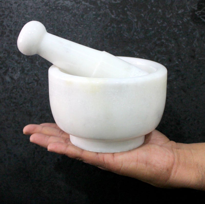 KLEO 5" Diameter White Marble Stone Mortar and Pestle Set as Okhli Musal Kharad Khallad Spice, Medicine Grinder Masher - Image 4