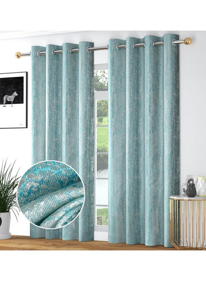Purav Light Jacquard Door Curtain 8 Feet Long Pack of 2 Piece, Room Darkening Texture Design Rust-Free Eyelet - Aqua, 2 Piece - Image 1