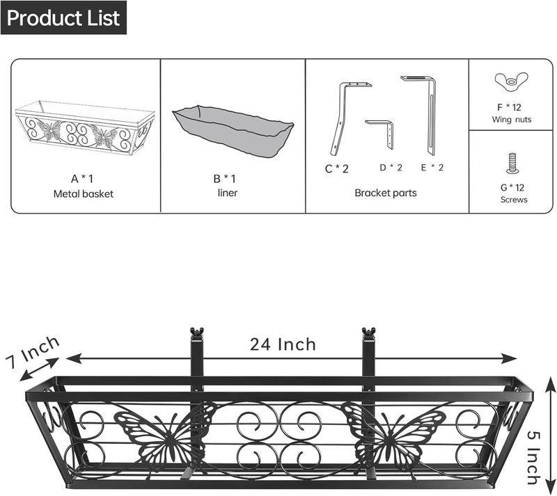 Karlliu 4 Pack 24 Inch Window Boxes Planters Railing Planter Box with Adjustable Brackets for Porch Fence Patio Balcony Hanging Flower Baskets with Woven Fabric for Outdoor Garden Decor - Black - Image 4