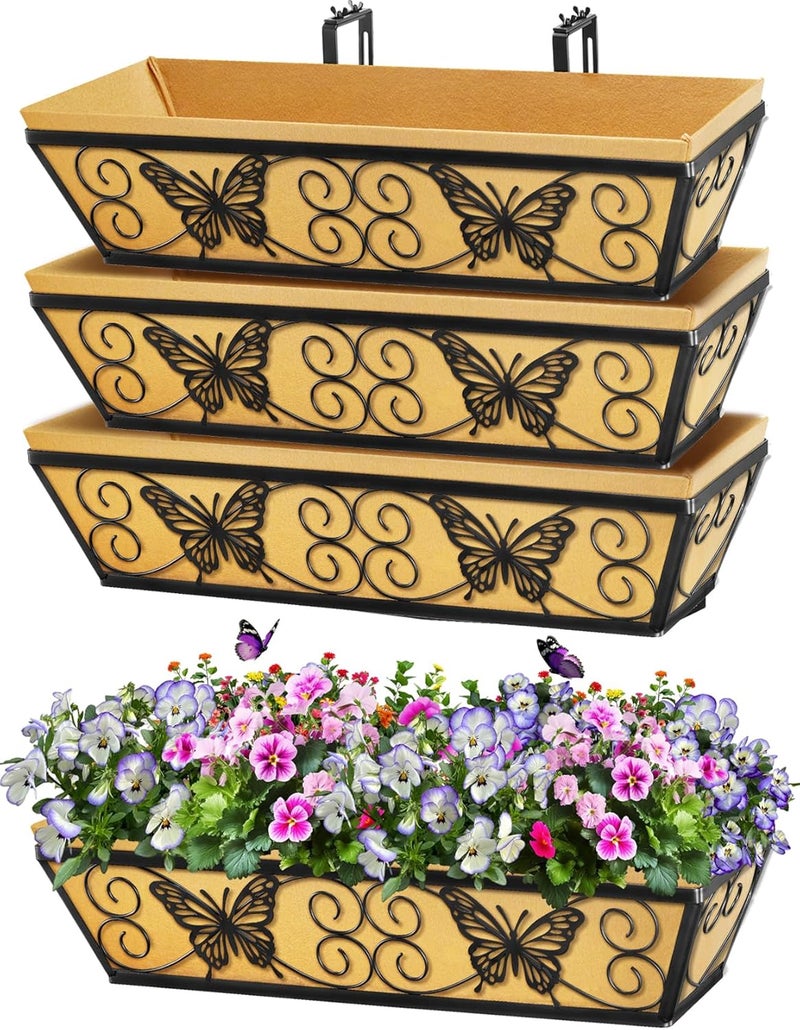 Karlliu 4 Pack 24 Inch Window Boxes Planters Railing Planter Box with Adjustable Brackets for Porch Fence Patio Balcony Hanging Flower Baskets with Woven Fabric for Outdoor Garden Decor - Black - Image 1