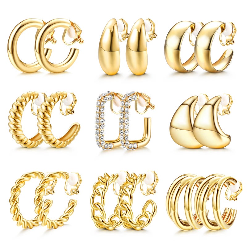 YADOCA 9 Pairs Gold Clip on Earrings for Women 14K Gold Plated Waterdrop Chunky Clip on Hoop Earrings No Piercing Fake Earrings Set - Image 1