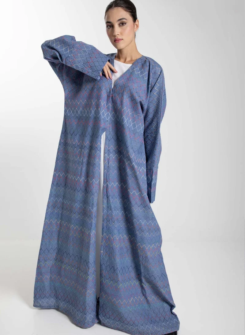 أم سكوير فاشن Front Open  Multicolor Thread Linen Blue Abaya with Headscarf