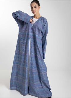 MSquare Fashion Front Open  Multicolor Thread Linen Blue Abaya  - Image 2
