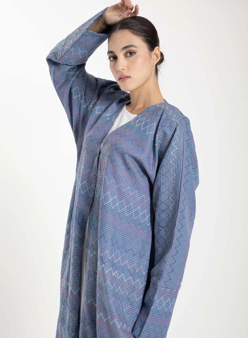 MSquare Fashion Front Open  Multicolor Thread Linen Blue Abaya with Headscarf
