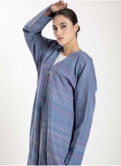 MSquare Fashion Front Open  Multicolor Thread Linen Blue Abaya  - Image 3