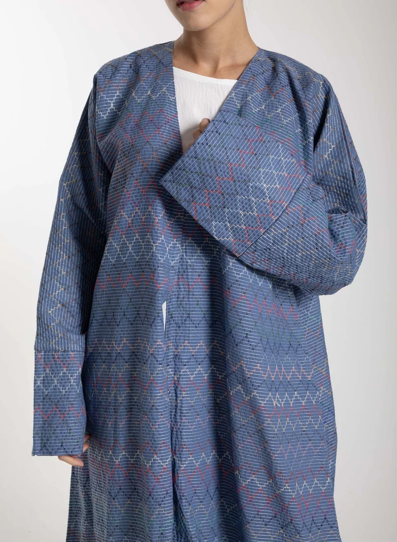 MSquare Fashion Front Open  Multicolor Thread Linen Blue Abaya with Headscarf