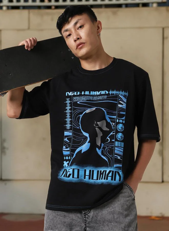 Hubberholme Men Futuristic Printed Oversized Fit T-shirt