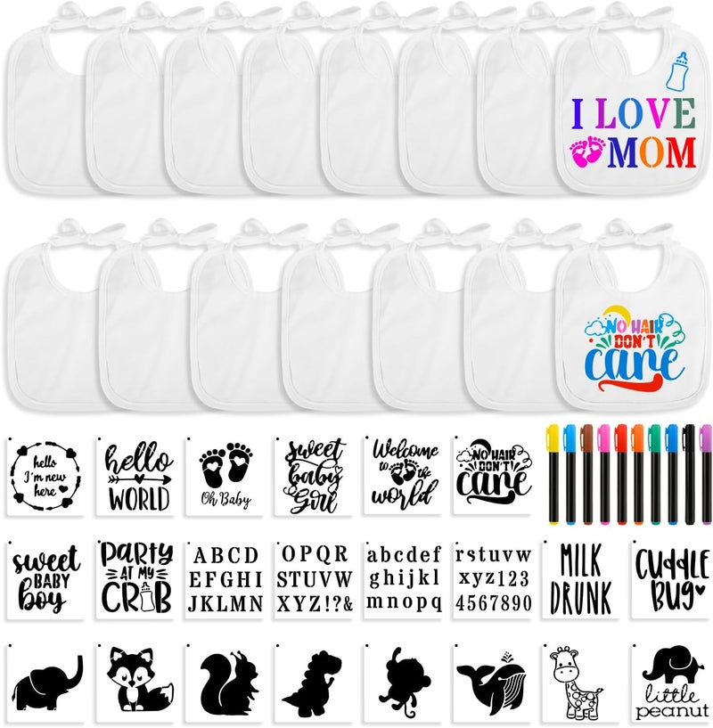 PEUTIER 47pcs DIY Baby for Bibs Decorating Kit Including 15pcs White Baby for Bibs to Decorate 22pcs Baby Stencils for Painting 10pcs Fabric Markers Blank Design for Bibs Baby Shower Game - Image 1