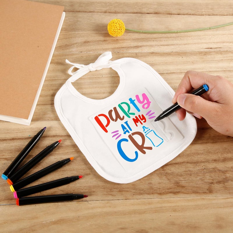PEUTIER 47pcs DIY Baby for Bibs Decorating Kit Including 15pcs White Baby for Bibs to Decorate 22pcs Baby Stencils for Painting 10pcs Fabric Markers Blank Design for Bibs Baby Shower Game - Image 2
