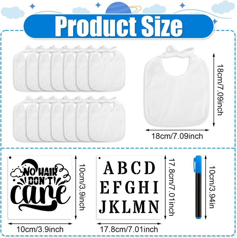 PEUTIER 47pcs DIY Baby for Bibs Decorating Kit Including 15pcs White Baby for Bibs to Decorate 22pcs Baby Stencils for Painting 10pcs Fabric Markers Blank Design for Bibs Baby Shower Game - Image 3